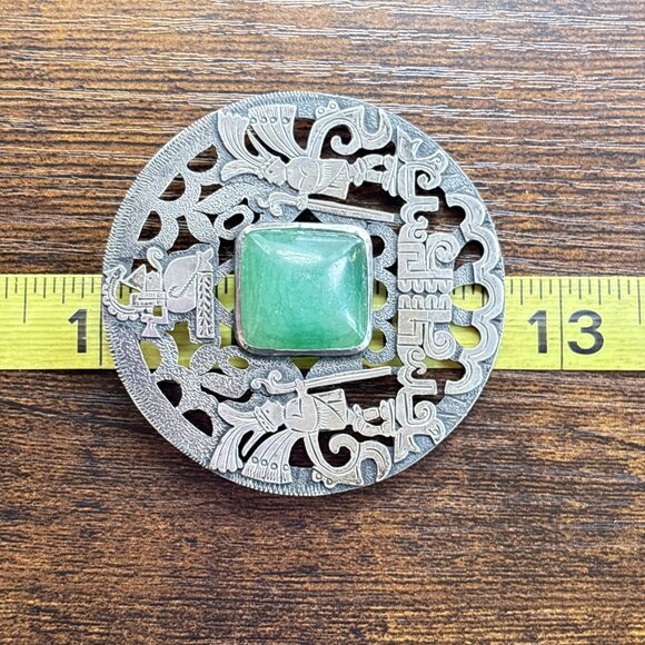 VTG Sterling Silver 925 Green Gemstone Native American Brooch Size 2.5" Length - Picture 8 of 9